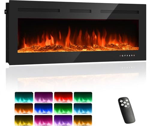 Schlanker elektrischer Kamin – 139 x 52 cm, 1800 Watt Heizleistung, 12 Farben und Timer, geeignet für Räume bis zu 37 Quadratmeter (Holzmaserung/Kristall-Finish)