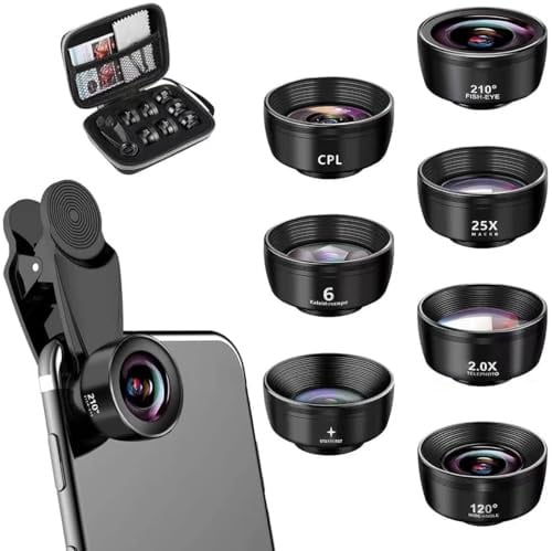Textiluxe 7 en 1 Objectif Macro Smartphone, Objectif Fisheye 210° + Grand Angle 120° + Objectif Macro (25x) + Téléphoto, Kaléidoscope, Filtre CPL/Star pour Smartphone