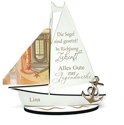 Dekolando Geldgeschenk Jugendweihe personalisiert mit Name – Segelboot mit Spruch – Geschenk zur Jugendweihe Mädchen Jungen – Dekorative Geschenkidee mit Wunschtext Geldscheinhalter 14 x 15 cm