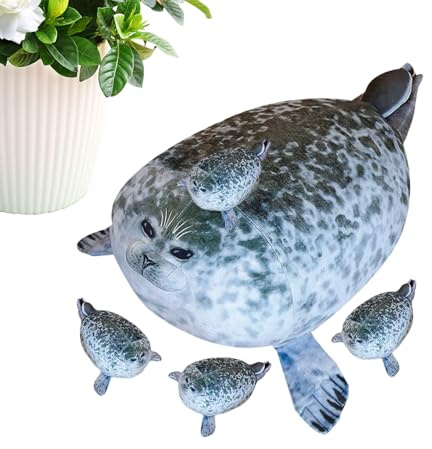 XL Robben-Plüschkissen mit 4 Baby-Robben im Bauch – 50cm Kuscheltier-Mutter | Weiches Baumwoll-Kissen im Zubehör-Design-Set für Kinder, Einzigartiges Überraschungsgeschenk zum Geburtstag Stofftier