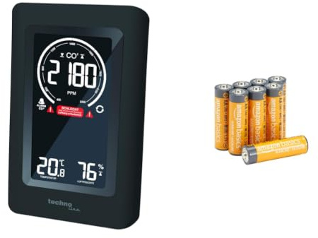 Technoline Co2 Messgerät WL1030, CO2-Anzeige, mit grafischen Lüftungsempfehlungen, NDIR schwarz + Amazon basics Packung 8 AA