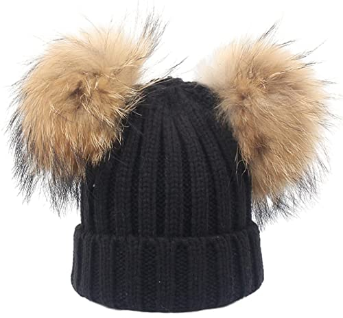 feifanshop Damen Wintermützen Strickmütze Echtfell Waschbär Fell Pelz Bommel Mütze Bommelmütze Beanie Warme Cap Schwarz