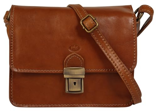 piké Umhängetasche Echt Leder Damen Made in Italy, Crossbody Bag, Messenger Bag, Handtasche dunkelbraun, 2 Hauptfächer, Steckschloss, verstellbarer Riemen