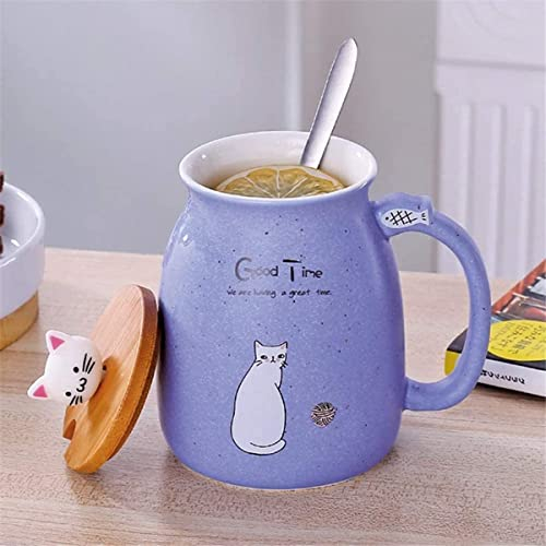 Schöne Katze Keramik Tasse Kaffee Wasser Milch Becher Teetasse Sets mit Löffel und Deckel für Home Office Drink (Lila)