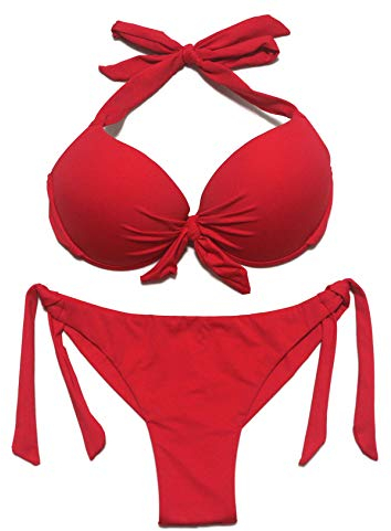 EONAR Femme Maillot de Bain Deux Pièces Halter Bikini Hauts et Brésilien Bas de Maillot (M,Red)