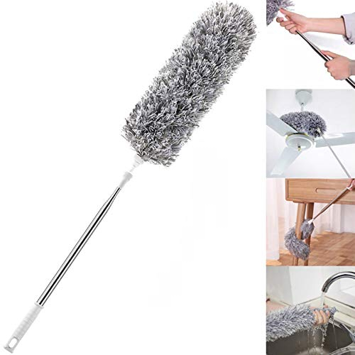 HEOATH Microfiber Feather Duster with Extendable Pole, 30-100 inches, Grey, Bendable Head, Non-Scratch, Washable, for Ceiling, Fan, Furniture