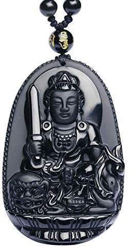 Purmy Buddha Anhänger Naturstein Amulett, Manjushri Jade Buddha mit Verstellbarer Schwarzer Perlenkette 52-72cm