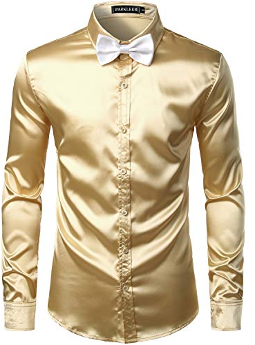 PARKLEES Men's Luxury Shiny Silk Like Satin Long Sleeve Dress Shirts for Party Disco Prom PZLCL14 Champagne L