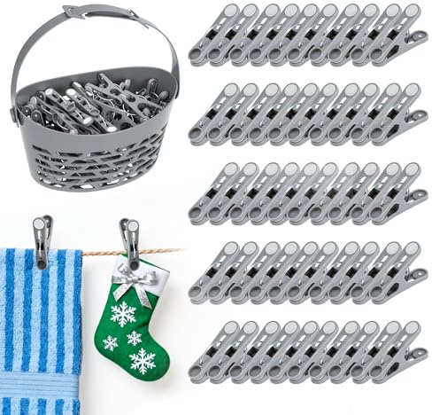 Set Mollette Bucato con Cestino Porta Mollette – 50 Pezzi per Lavanderia e Alimenti da Cucina con Barrette e Filo per Stendere il Bucato da Esterno, Cesta Bucato Portatile per Interni ed Esterni