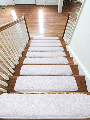 emmahome Shaggy Glitter Carpet Stair Treads NON-SLIP MACHINE WASHABLE Mats/Rugs, 22x67cm, 25mm Thickness -London (White, 13)