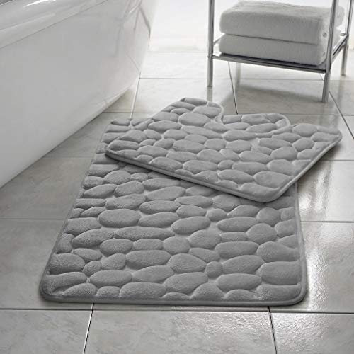 NIGHTZONE Pebble Stone Bath Mat Set Non Slip Pedestal Set Extra Absorbent 100% Memory Foam Bathroom Toilet Rug (Silver)