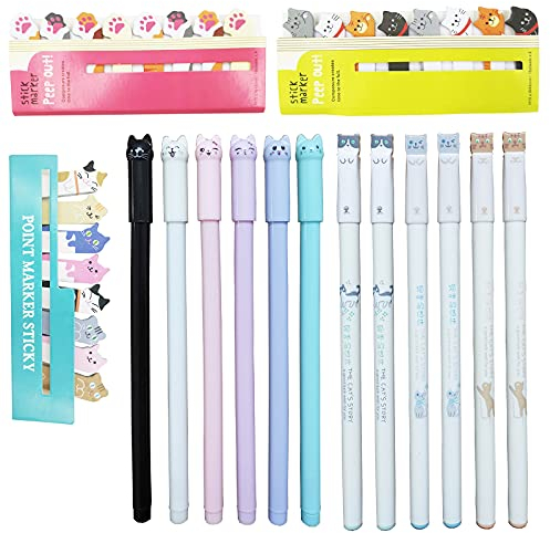 DUGYIRS 12 Piezas Gato Creativo Pluma Gel y 3 Piezas Lindo Gato Notas Adhesivas por Amante de Los Gatos Casa Oficina Colegio Mujeres Niños Regalo(Escritura Negro)