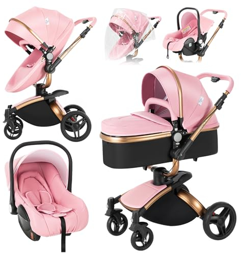Magic ZC Kinderwagen 3 in 1 Mit Verstellbarem Sitz Um 360° Drehbar, Buggy Mit Umkehrbarem Zwei-Wege-Schub, Leder Komplettset Zubehör Hohe Landschaft (906 Rosa)