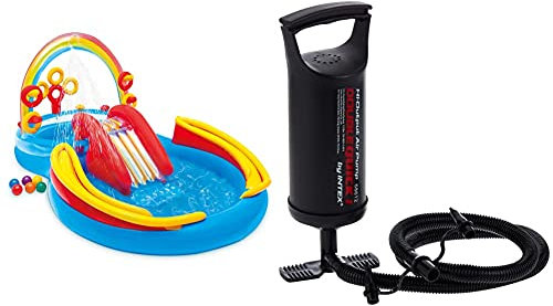 INTEX Aire de Jeux Gonflable Bassin et Toboggan Arc en Ciel & Jeu d'eau et de Plage Gonfleur Double Action