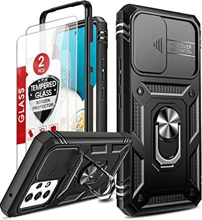 LeYi Handyhülle für Samsung Galaxy A53 5G Hülle Kameraschutz mit 2 Schutzfolie, Hybrid Kameraklappe Schutzhülle Militär Standard Cover Case Metall Ring Ständer Halter A 53 Handy Hüllen Schwarz