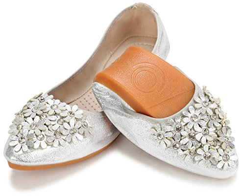 QIMAOO Womens Ballet Flats Pumps Foldable Ballerina Shoes for Women Ladies Flat Shoes Roll up Shoes Slip on Dolly Shoes - 7 UK (Daisy Silver)