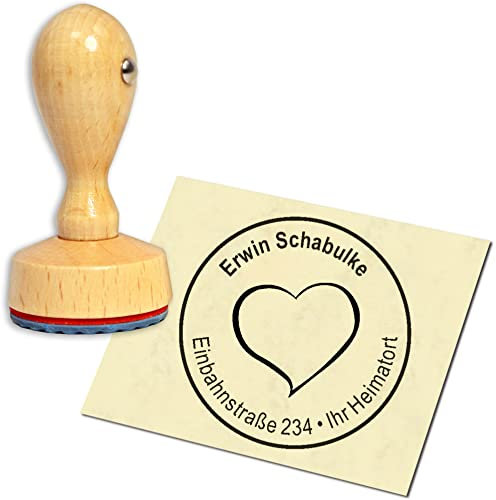 Stempel Adressstempel Holzstempel - Herz - rund ∅ 40mm personalisiert als Firmenstempel Namensstempel Bürostempel