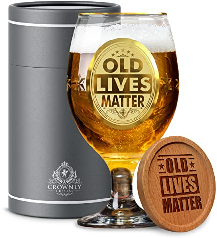 CROWNLY CRYSTAL Old Lives Matter Retirement Gifts for Men & Women Beer Glasses - 60th Birthday Gifts for Grandma & Grandpa