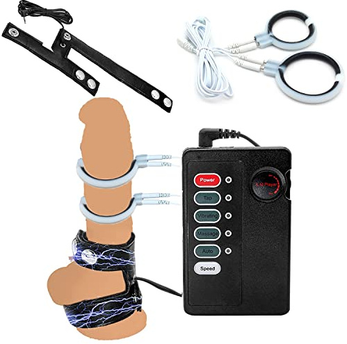 ScreaAss Estim Penisringe Elektro Schock 2 Stück Silikon Cockring Elektroden-Ring Und Leder Hodenring Penis-Hodenteiler Reizstromgeräte Elektrostimulation Mit Host Sexspielzeug Für Männer,Set