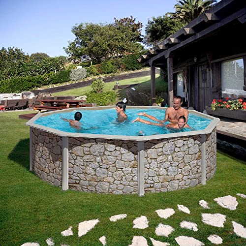 Paradies Pool® Gre Giant rund 350x132cm (Ø x H), Komplettset, Stahlwandbecken Stein, Poolplane in blau 0,4mm, Handlauf extra breit, inkl. Skimmer-Set, Leiter, Unterlegvlies und Filteranlage