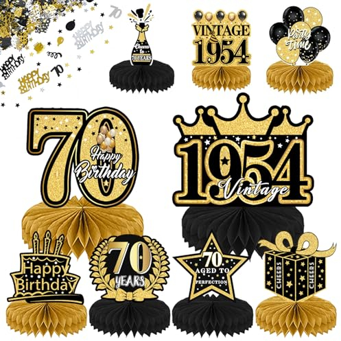 70. Geburtstag Tischdeko Set,70. Geburtstag Dekoration Mann, 10 Stück Schwarz und Gold 70. Geburtstag Deko Bienenwabe Mittelstück mit Tortendeko,15g Happy Birthday Konfetti,70. Geburtstag,70 Jahrestag