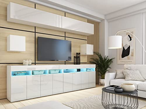 BROMARKT Premium Wohnwand Wohnzimmer Set 6 Teile - Wohnzimmer Schrank - Wohnzimmer Möbel mit Kommode - Wohnwand Modern - Wohnzimmerschrank Komplett Möbel - Hochglanz Weiß
