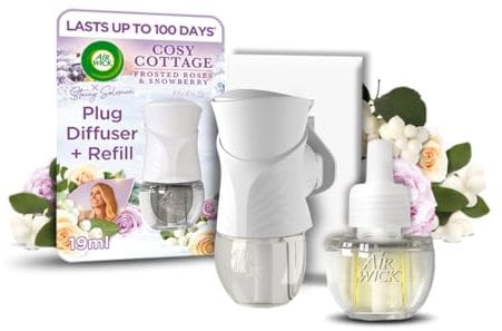 Air Wick Plug in Diffuser Kit, Cosy Cottage Frosted Roses & Snowberry, 1 Device & 1 Refill (19ml), Long Lasting Fragrance, Lasts up to 100 Days, Plug in Air freshener