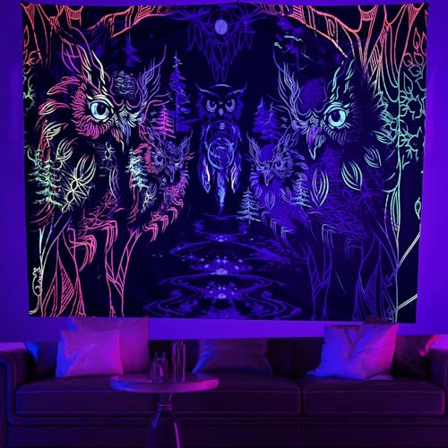 LLGWGL Schwarzlicht UV-Wandteppich Aesthetic Psychedelic - Wandbehang Wanddekoration Eulen Wandtücher - Wandteppich kinderzimmer - Trippy Wandteppiche für Schlafzimmer(Five Owls, 150×130cm)