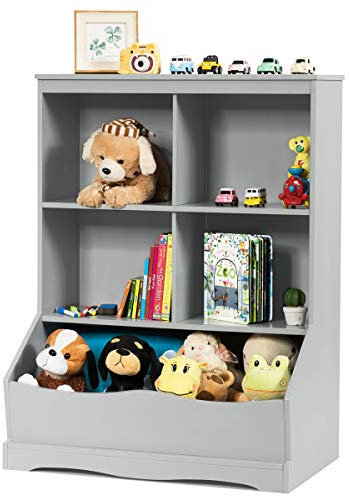GYMAX Kids Bookshelf and Toy Organizer, Wooden Children Bookcase with Compartments and Shelves, Toys Storage Unit for Living Room, Playroom, Nursery (Grey, 67x40x88cm)