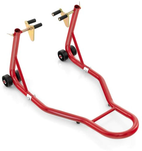 TANGZON Motorcycle Front Paddock Stand, Universal Width-adjustable Front Wheel Lift with 4 Wheels & Non-slip Pads, L-shaped Metal Motorbike Stand for Home, Garage, Repair shop (Red)