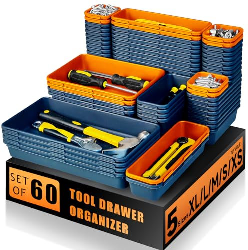 FLYVOLE Tool Box Organizer Tray, Toolbox Desk Drawer Organizer, Tool Box Tray, Toolbox Organization Storage for Rolling Tool Chest (60PCS (Blue+Orange))