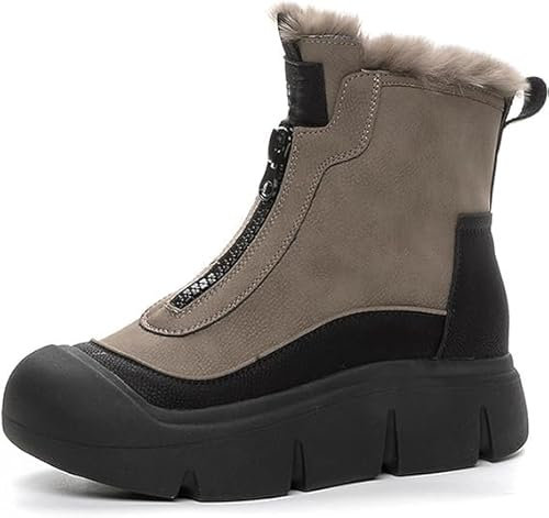 Cmeilau 2024 Neue Damen-Schneestiefel aus weichem Leder mit Dicker Sohle, rutschfest, Warmer Reißverschluss vorne, pelzige Stiefeletten, lässige Kurze Stiefel