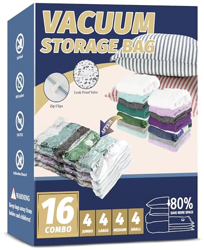 Space Saver Bags, Vacuum Storage Bags, Compression for Blankets and Bedding, Clothes Sealer Storage, No Pump Included (16 Combo)