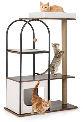 GYMAX Katzenbaum 118 cm, multifunktionales Aktivitätszentrum mit Liegeplatz & Katzenhöhle, Kratzbaum mit Kratzpfosten, Sisalplatte & hängendem Ball, Katzenbaum-Turm für Wohn- & Schlafzimmer (Weiß)