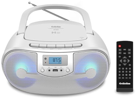 Gelielim CD Players for Home with Remote Control, Portable Bluetooth CD Boombox, Radio CD Player, USB Playback & Headphone Jack, Mic Jack, Colorful Light,Portable CD Player Mains or Battery Powered