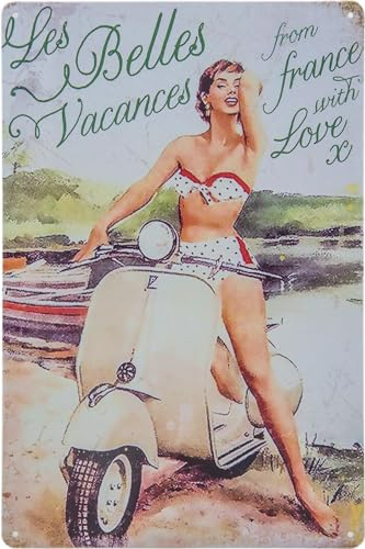 30 x 20 cm Retro Vintage Blechschild für Italien Roller Fans - „Les Belles Vacances – From France with Love“