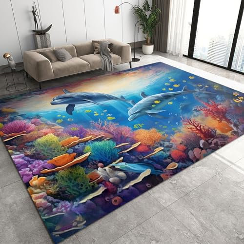 Wunderschöner Unter Wasser Schwimmender Fisch-Delfin-Korallen-Teppich, Kinderzimmer-Teppich Mit Meeresthema, Kurzer Plüschteppich, Geeignet Für Schlafzimmer-Esszimmer-Balkon-100x140cm