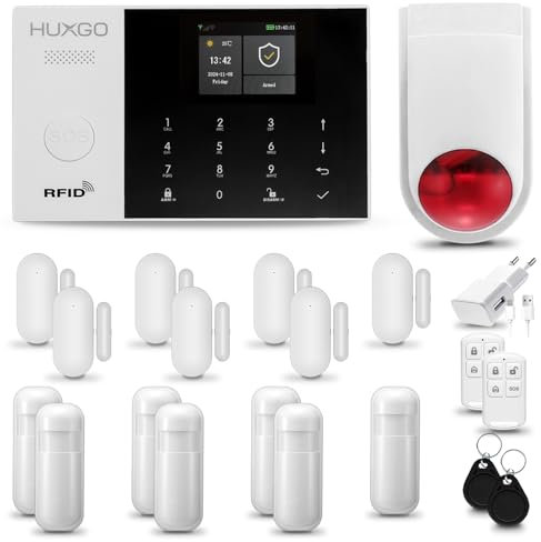 HUXGO® HXA005 Alarmanlage Haus WiFi + GSM mit Funk Sirene | Alarmanlage Wohnung mit App. TUYA | Alarm System mit 7X Bewegungsmelder, 7X Tür- Fenstersensor| Wohnmobil Alarmanlage