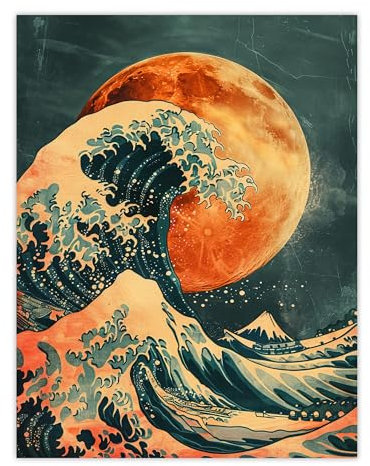 Artery8 Orange Moon Traditional Japanese Waves Artwork Living Room Bathroom Large Wall Art Poster Print Thick Paper 18X24 Inch