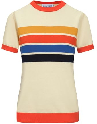 OXKnit Beige T-Shirts Damen 1960er Jahre Retro Streifen Stricken Kurze Ärmel lässig Stricken Top