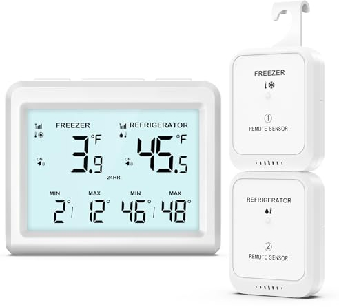 ORIA Digitales Kühlschrankthermometer, Gefrierschrank Refrigerator Thermometer mit 2 kabellosen Sensoren, 3,7 Bildschirm, 2 Alarmmodi (Symbol/Klang), ℃/℉, Min/Max-Wert, für Zuhause, Restaurants
