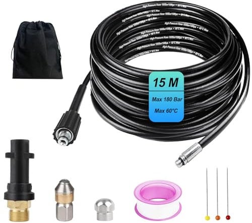 Rohrreinigungsschlauch 15 M, Rohrreinigungs Set Kompatibel mit Kärhcer, Hochdruckreiniger universal Rohrreinigungsset 180 Bar 60°C mit 1 Adapter und 2 Rohrreinigungsdüse für Hochdruckreinigern K2-K7