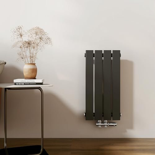 EMKE Radiateur Compact, 600x300 mm, Radiateur Vertical, Étroit et Haut pour Salle de Bain, Radiateur Mural à Panneau Plat, Connexion Centrale, Design Élégant, 233 Watts, Noir