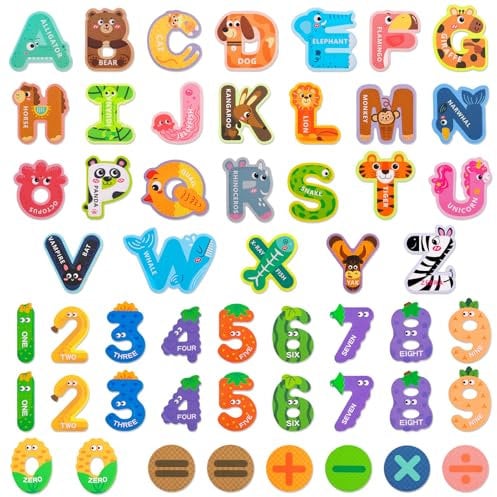 saerryor Magnetic Uppercase Letters and Numbers, fridge magnets for kids, 52 Pieces Magnets Include 26 Colorful Alphabet Letters, 20 Numbers and 6 Symbols, Toddlers 3 4 5 Years Old