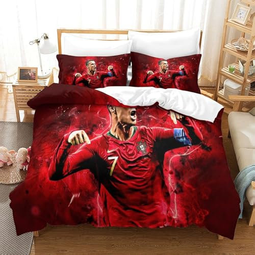 CULPRT Ronaldo Bettwäsche-Set,3D Drucken, Set Mit Kissenbezug Und Bettbezug,3-teilig Bettwäsche,Zipper Öffnen Und Schließen,Geschenke Für Kinder Single(140x200cm)