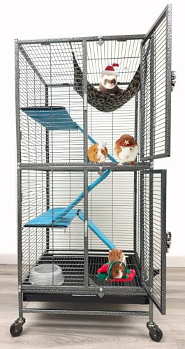 Deluxe Double Unit Two Full Story Durable Front Doors Tight 1/2-inch Wire Spacing Chew-Free Small Animal Critter Home Cage Water Bottle Food Bowl for Feisty Ferret Hammock Rat Mice On Wheels