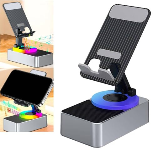 3 in 1 Bluetooth Audio Power Bank Phone Holder, Multifunctional Cell Phone Stand with Wireless Bluetooth Speaker & LED Color Changing Light, Foldable Cell Phone Stand for Desk Travel, Gray