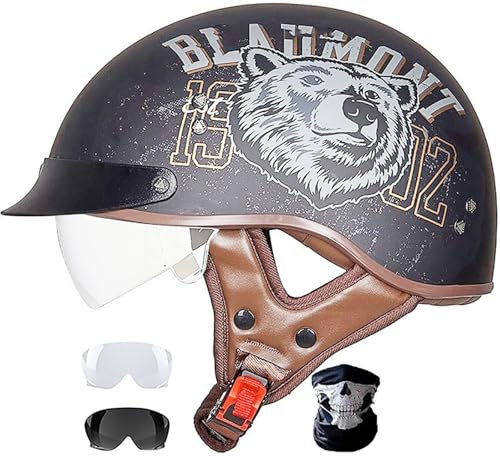 Casque Moto Vintage, Casques Jet Casques Bols Casque Mobylette avec Visiere Homologué ECE Rétro Demi Casque Moto Vélo Scooter Chopper Trotinette pour Adultes Homme et Femme 1,M=57-58CM