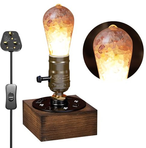 Lustaled Vintage Industrial Lamp, E27 Wooden Table Lamp with 5W LED Bulb | UK plug with ON-OFF Switch, Retro Bedside Lamps Relax Peace for Cafe, Bar, Bedroom, Living Room, Dining Room Decoration