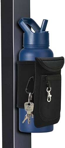 Magnetic Water Bottle Pouch, Gym Bottle Sleeve Holder, Attach Magnetically Metal Gym Equipments, with Pocket for Cell Phones, Keys, Cards, Headphones